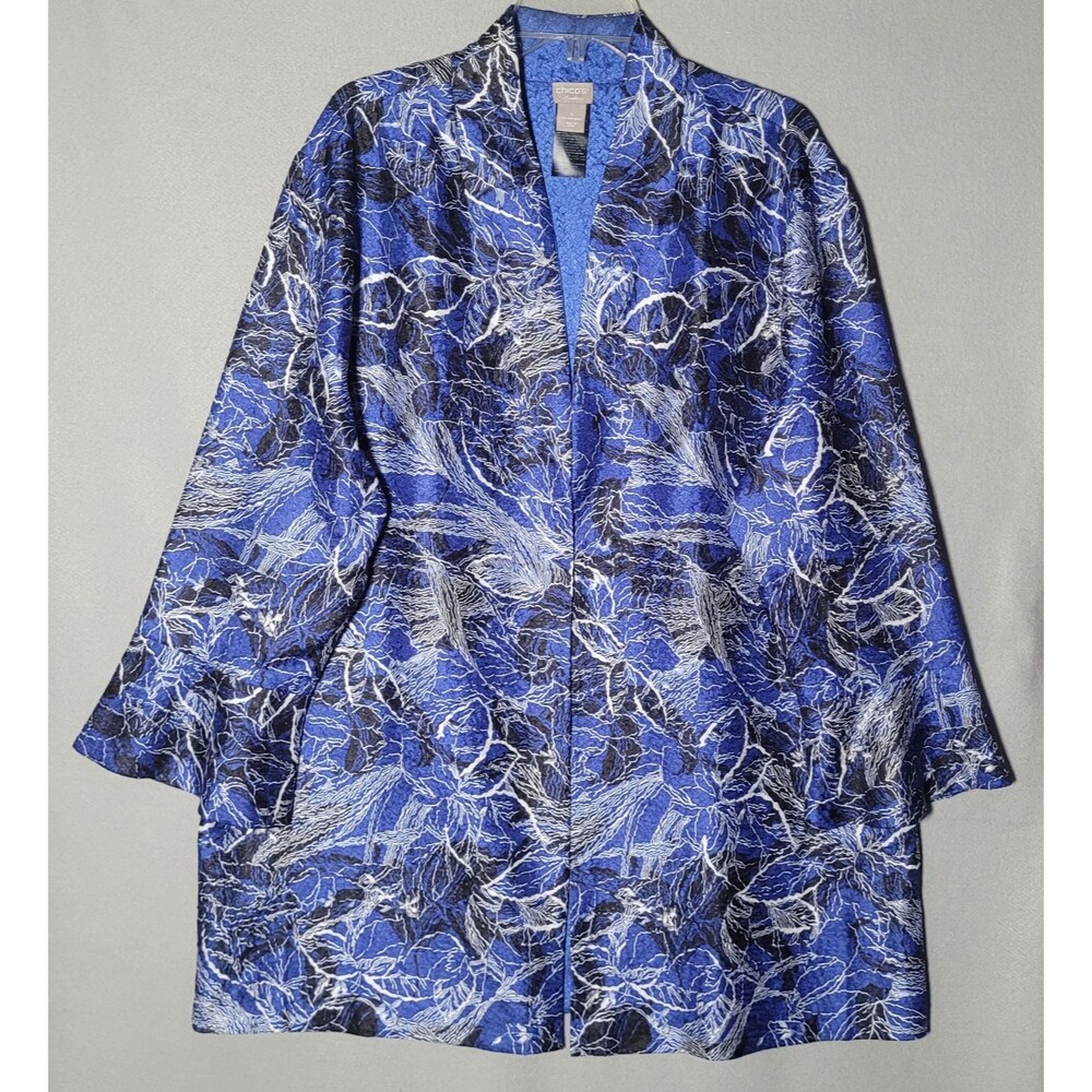 Chico's Travelers Cardigan Womens 20/22 Size 4 Blue Floral Open Front 3/4 Sleeve